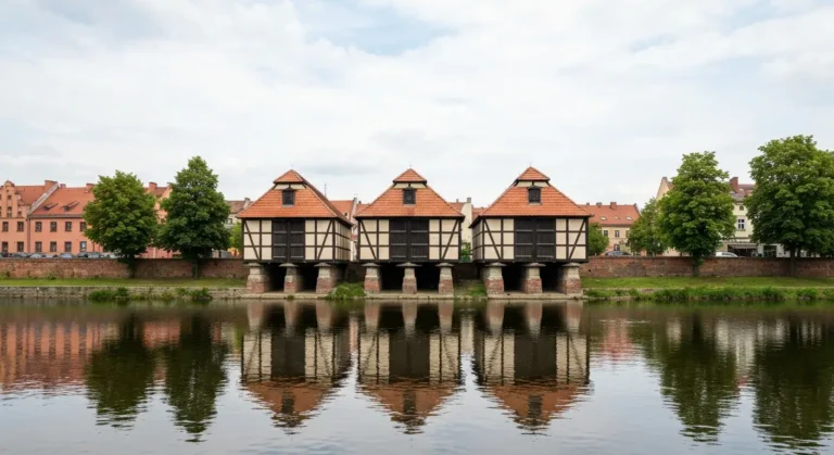 Trzy szachulcowe spichrze nad Brdą w Bydgoszczy widziane z przeciwnego brzegu rzeki