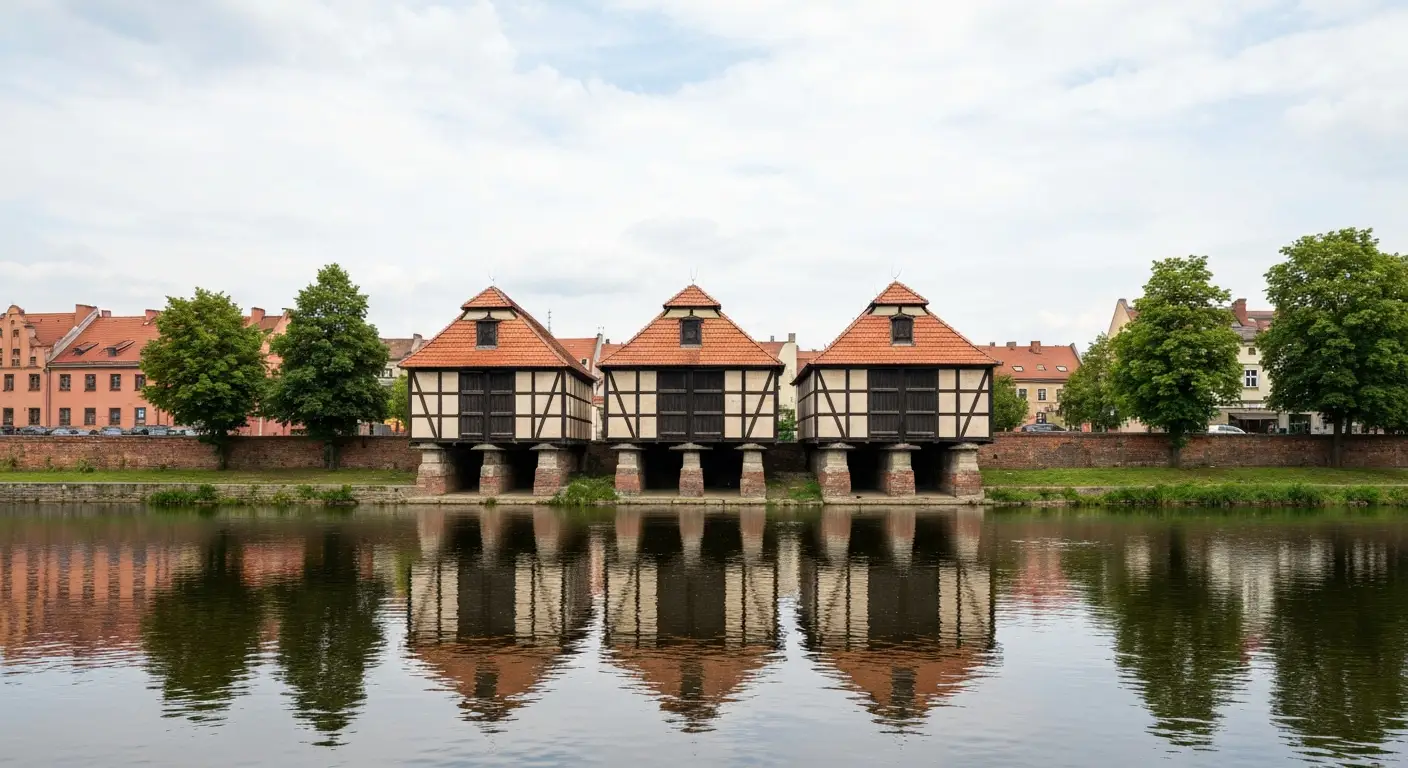 Trzy szachulcowe spichrze nad Brdą w Bydgoszczy widziane z przeciwnego brzegu rzeki