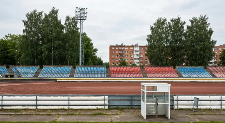 Pusty stadion zuzlowy w Bydgoszczy - tor z mazi, kasa biletowa z kolowrotkiem i trybuna z kolorowymi krzeselkami