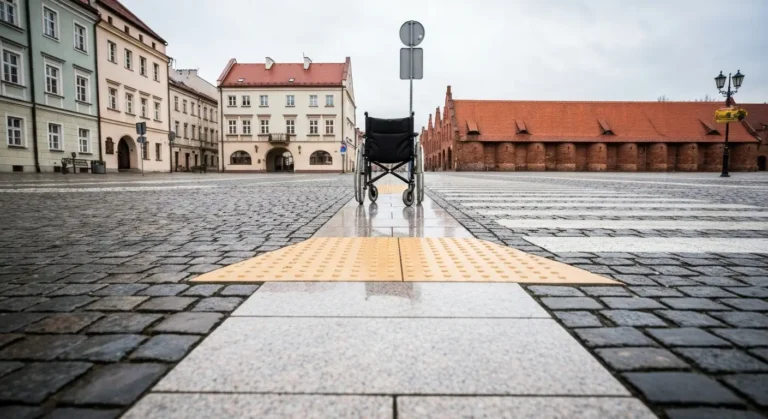 Dostepna trasa na Starym Miescie w Bydgoszczy - gladki pas plyt wsrod bruku, obnizony krawieznik i pusty wozek inwalidzk