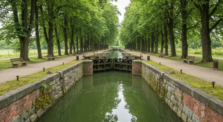 Stary Kanal Bydgoski - spokojna woda, ceglane sluzy i aleja starych drzew nad parkowa sciezka