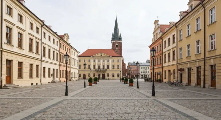 Stary Rynek w Bydgoszczy - brukowany plac, kamienice i wieza katedry w tle