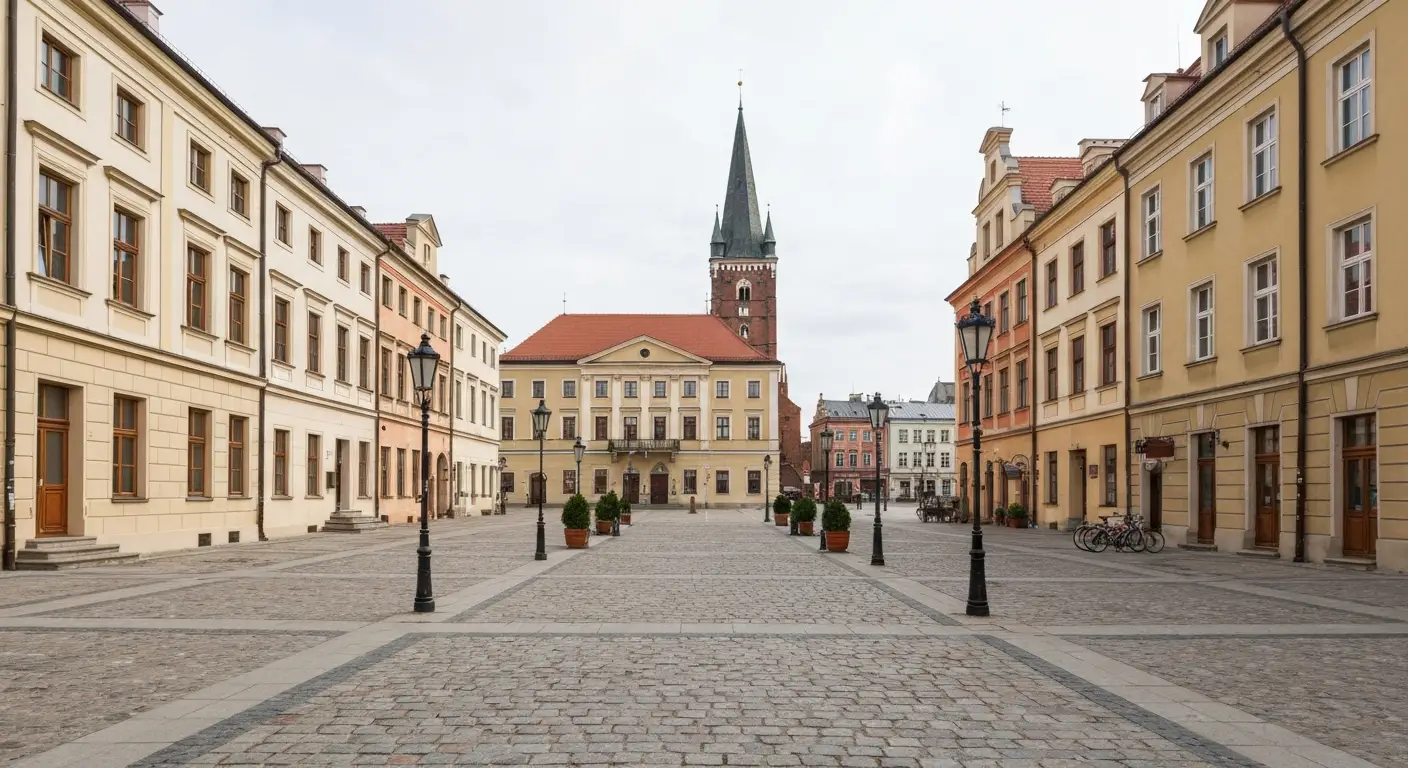 Stary Rynek w Bydgoszczy - brukowany plac, kamienice i wieza katedry w tle