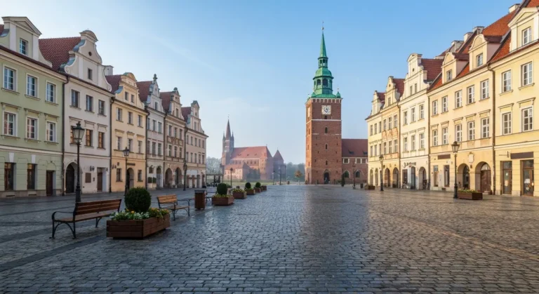 Stary Rynek w Bydgoszczy z wieza ratusza i kamienicami, w tle ceglana katedra i spichrze nad Brda