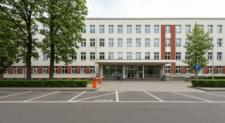 Budynek szpitala uniwersyteckiego w Bydgoszczy z zadaszonym wejsciem, podjazdem dla niepelnosprawnych i parkingiem dla o