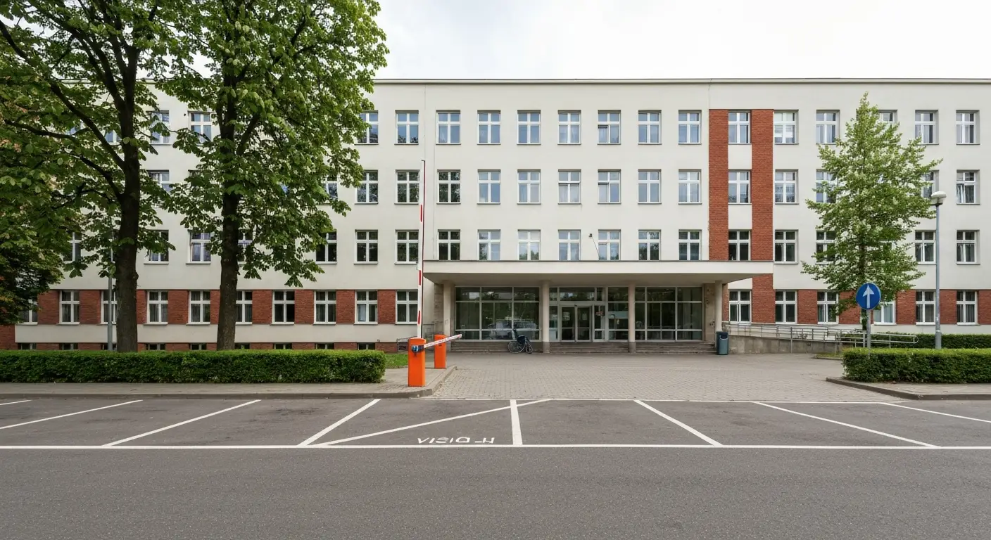 Budynek szpitala uniwersyteckiego w Bydgoszczy z zadaszonym wejsciem, podjazdem dla niepelnosprawnych i parkingiem dla o