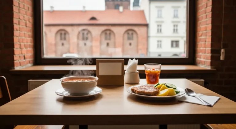 Prosty obiad na drewnianym stole w niedrogiej restauracji w centrum Bydgoszczy, za oknem kamienice Starego Rynku