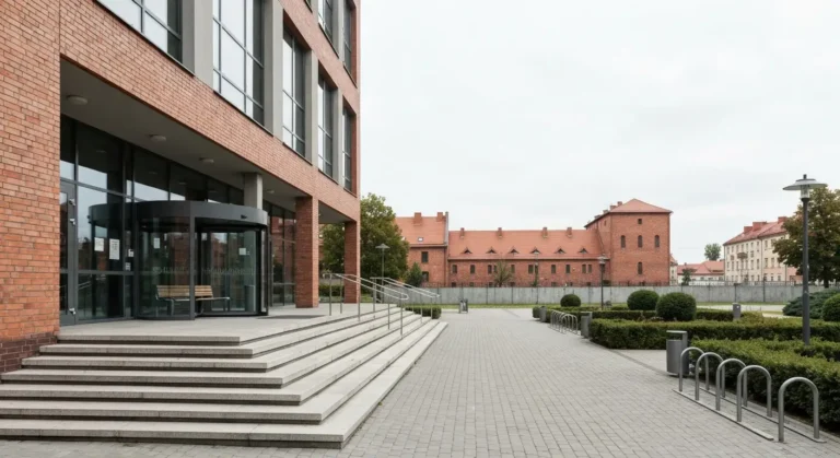 Wejscie do nowoczesnego budynku urzedu miejskiego w Bydgoszczy z kamiennymi schodami i szklanymi drzwiami