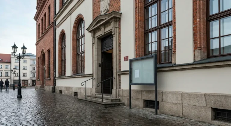 Zabytkowy budynek urzedu miejskiego w Bydgoszczy z ceglana elewacja i wejsciem od brukowanej ulicy