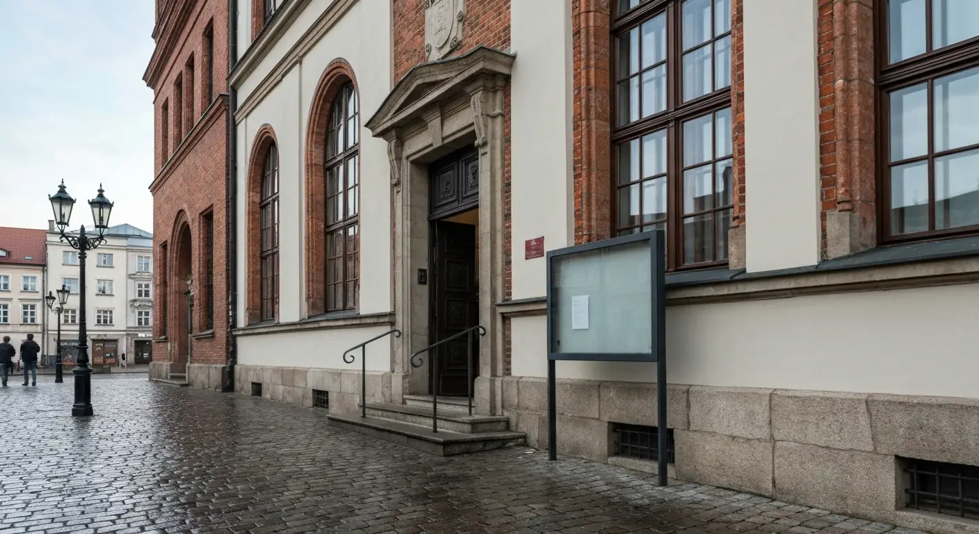 Zabytkowy budynek urzedu miejskiego w Bydgoszczy z ceglana elewacja i wejsciem od brukowanej ulicy