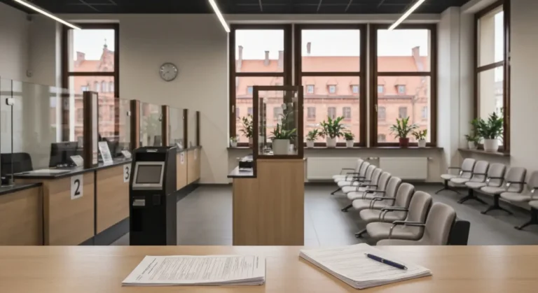 Sala obslugi mieszkancow w bydgoskim urzedzie miejskim - stanowiska za szybami, puste krzesla i formularze na ladzie