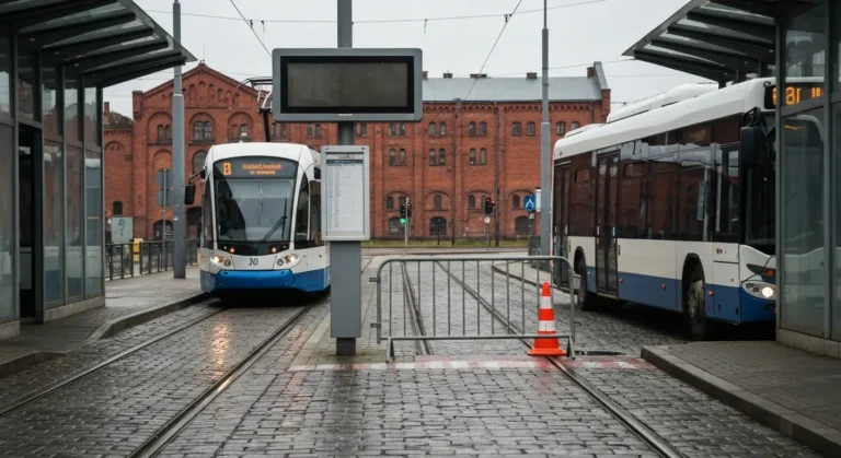 Tramwaj i autobus na przystanku w Bydgoszczy, tablica odjazdow i barierki przy objezdzie