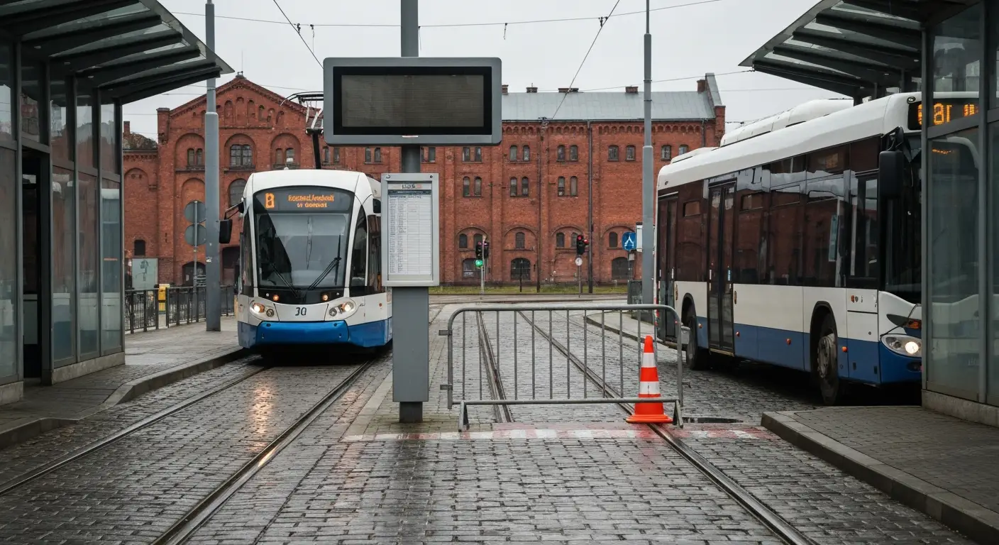 Tramwaj i autobus na przystanku w Bydgoszczy, tablica odjazdow i barierki przy objezdzie