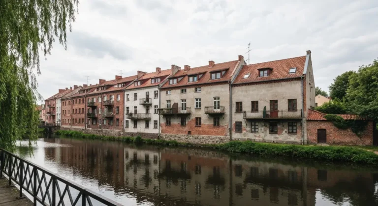 Zabytkowe kamienice Wenecji Bydgoskiej nad Mlynowka widziane z brzegu Wyspy Mlynskiej w Bydgoszczy