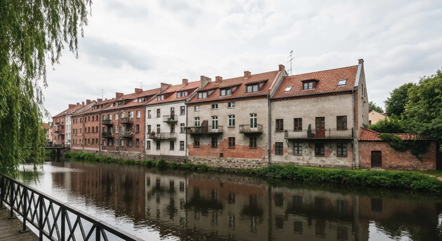 Zabytkowe kamienice Wenecji Bydgoskiej nad Mlynowka widziane z brzegu Wyspy Mlynskiej w Bydgoszczy