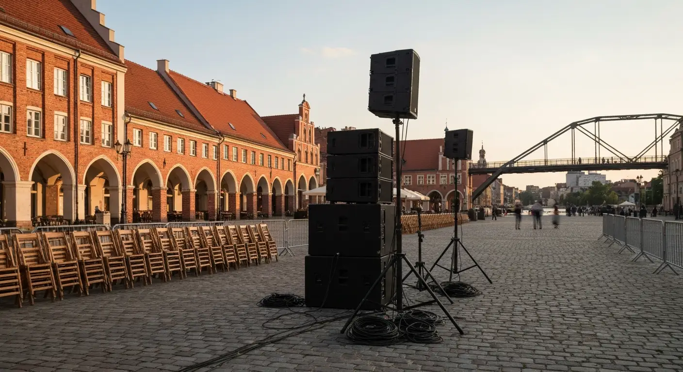 Scena plenerowa i sprzet naglosnieniowy na Starym Rynku w Bydgoszczy przed wydarzeniem kulturalnym