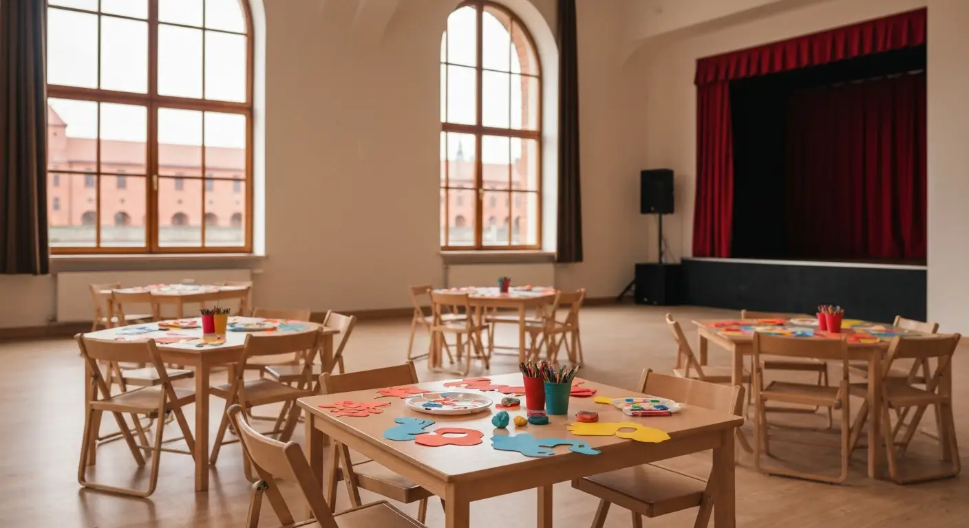 Sala warsztatowa dla dzieci w bydgoskim centrum kultury - stoliki z kredkami i pracami plastycznymi, w tle scena i okna