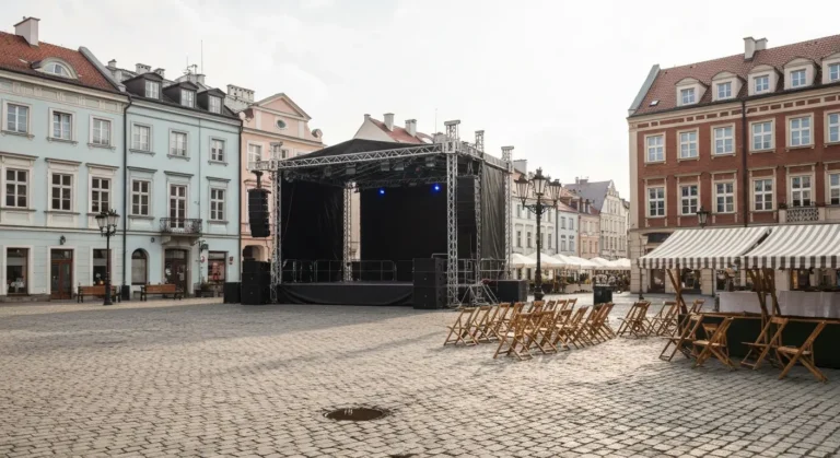 Plenerowa scena koncertowa i stragany na brukowanym Starym Rynku w Bydgoszczy otoczonym kamienicami