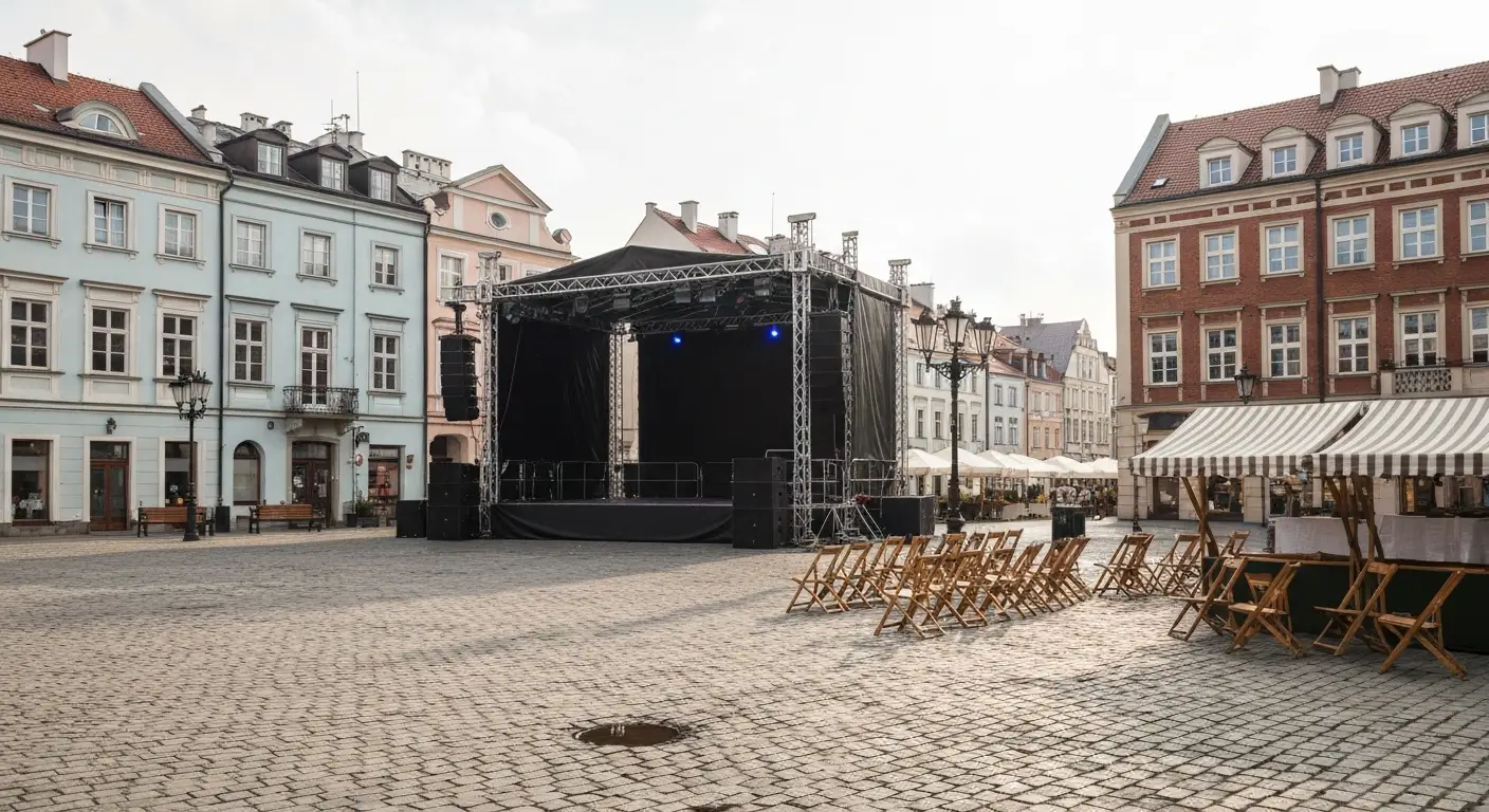 Plenerowa scena koncertowa i stragany na brukowanym Starym Rynku w Bydgoszczy otoczonym kamienicami