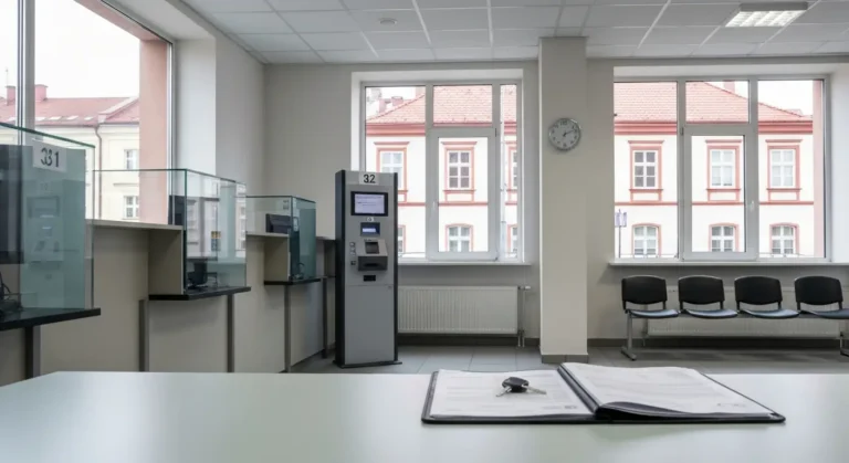 Wnetrze urzedowej sali obslugi interesantow w Bydgoszczy z okienkami, automatem biletowym i dokumentami pojazdu na biurk