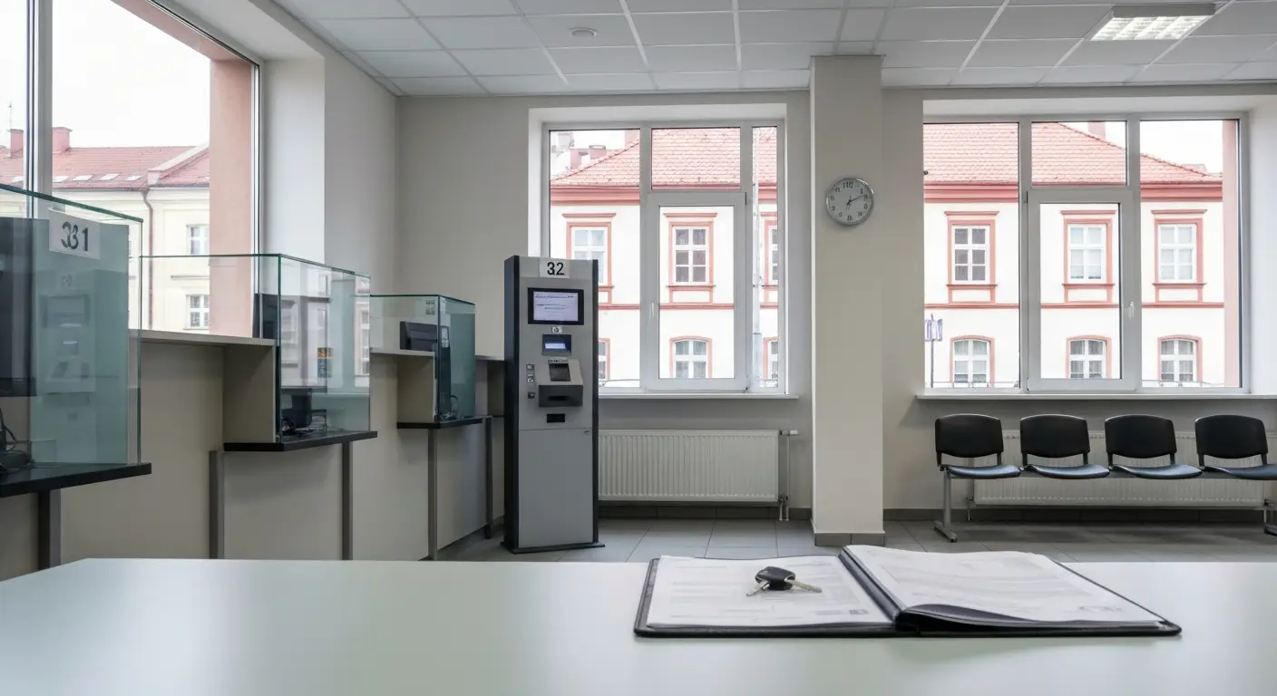 Wnetrze urzedowej sali obslugi interesantow w Bydgoszczy z okienkami, automatem biletowym i dokumentami pojazdu na biurk