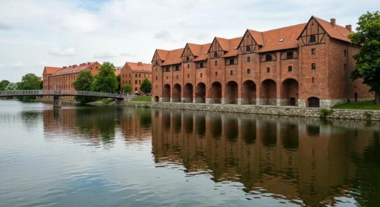 Bydgoskie spichrze nad Brda i zielona Wyspa Mlynska w tle podczas spaceru po Starym Miescie