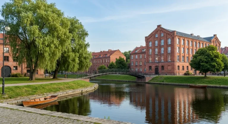 Wyspa Mlynska w Bydgoszczy - kanal Mlynowki, kladka i ceglany budynek dawnego mlyna wsrod drzew
