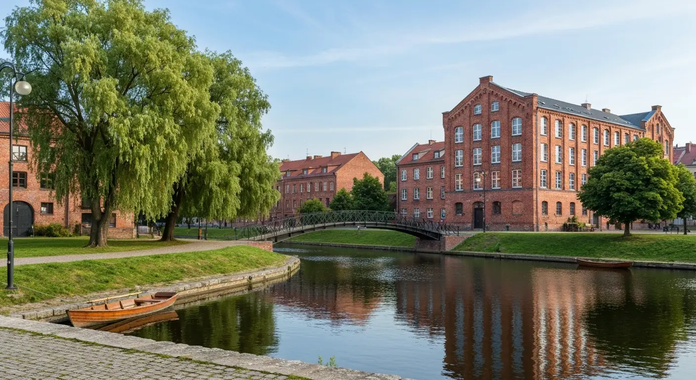 Wyspa Mlynska w Bydgoszczy - kanal Mlynowki, kladka i ceglany budynek dawnego mlyna wsrod drzew