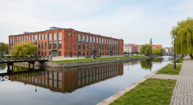 Wyspa Mlynska w Bydgoszczy - ceglane spichrze i mlyny odbijajace sie w wodzie Mlynowki, drewniana kladka i nadrzeczna pr