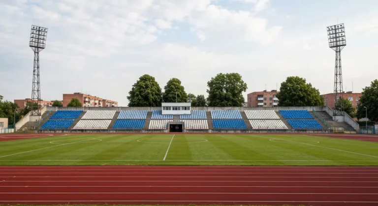 Pusty stadion pilkarski w Bydgoszczy - trybuny z niebiesko-bialymi krzeselkami, bieznia i murawa w swietle dnia