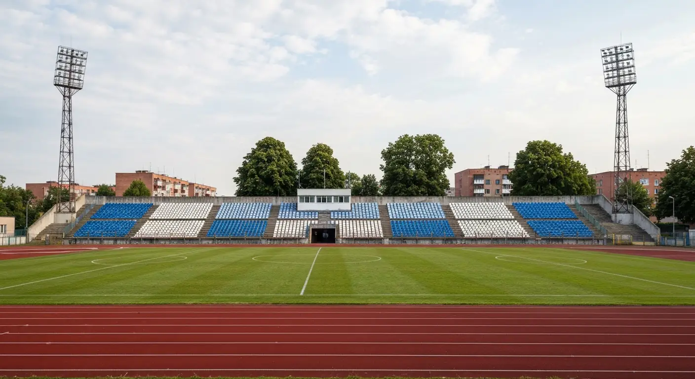 Pusty stadion pilkarski w Bydgoszczy - trybuny z niebiesko-bialymi krzeselkami, bieznia i murawa w swietle dnia