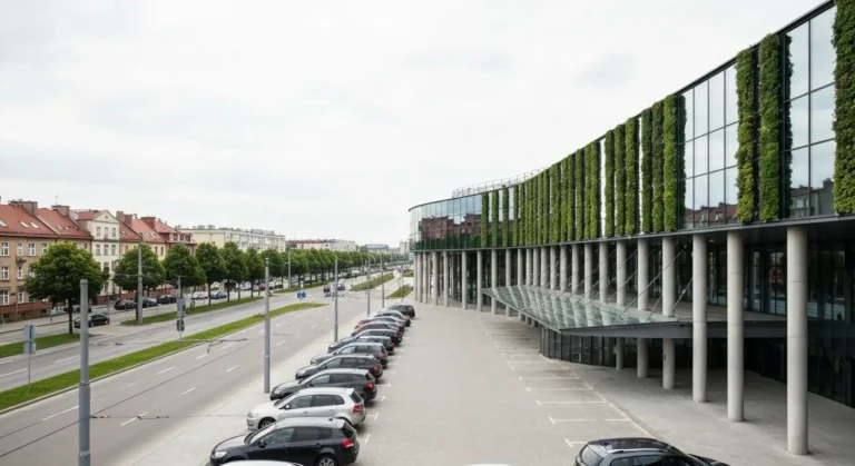 Nowoczesna galeria handlowa ze szklana fasada i zielenia oraz parking przed wejsciem w Bydgoszczy