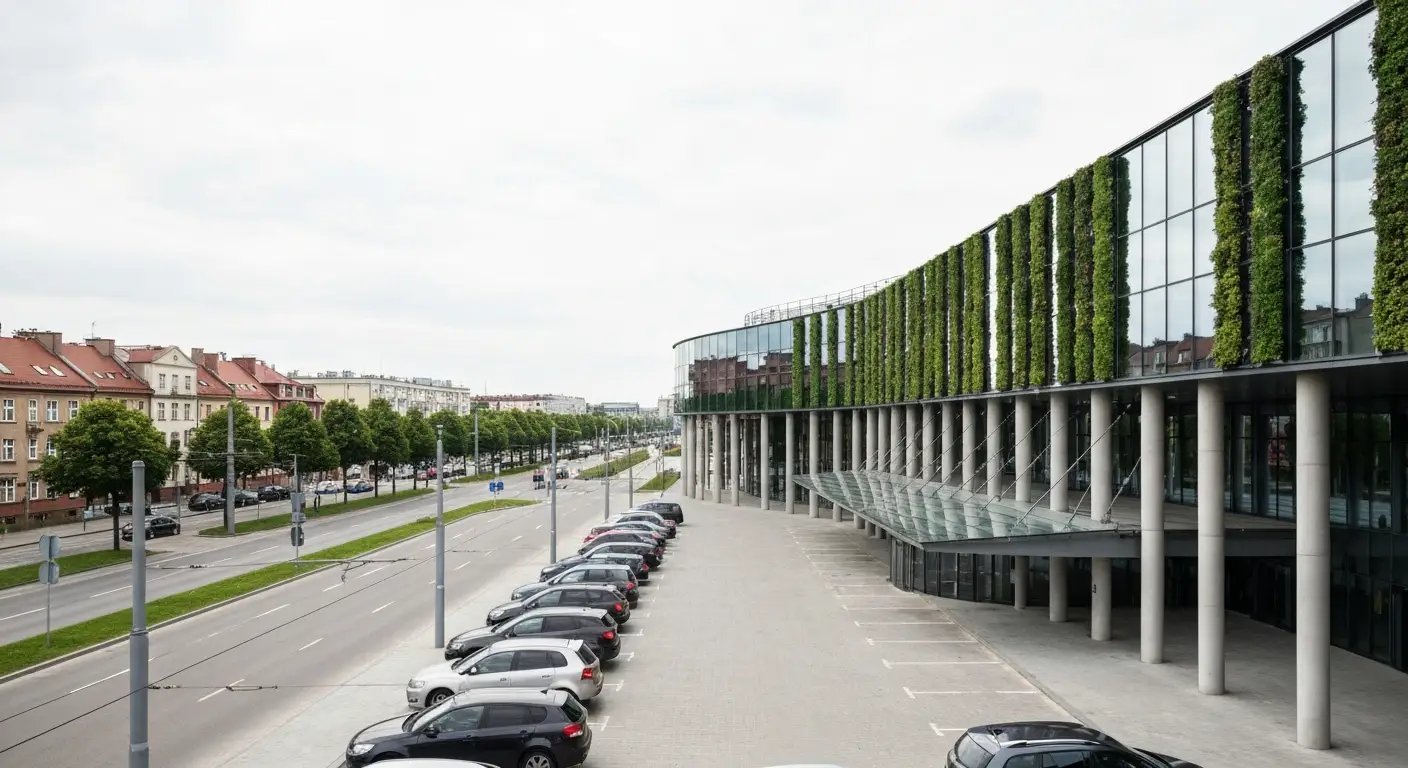 Nowoczesna galeria handlowa ze szklana fasada i zielenia oraz parking przed wejsciem w Bydgoszczy