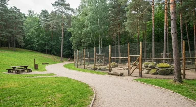 Leśna alejka i drewniane wybiegi ogrodu zoologicznego w parku Myslecinek w Bydgoszczy