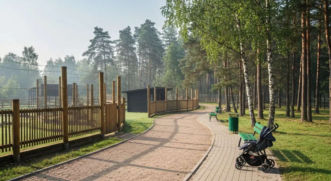 Alejka w bydgoskim zoo w Mysleecinku z drewnianym ogrodzeniem wybiegu, lasem i wozkiem przy lawce